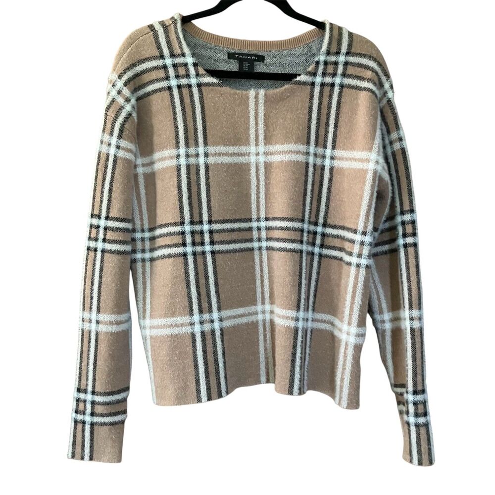 Tahari plushy texture plaid long sleeve sweater
